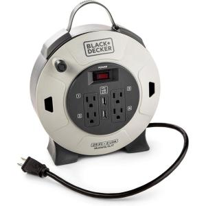 imageBLACKDECKER 25 Ft Retractable Extension Cord Reel with 4 Outlets 2 USB Ports MultiPlug Extension OnOff Switch ampamp HeavyDuty 16AWG SJT Cable25 ft