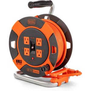 imageBLACKDECKER 50 Ft Retractable Extension Cord Reel With 4 Outlets MultiPlug Extension Easy Handle Rewind ampamp HeavyDuty 14AWG SJTW Cable50Feet
