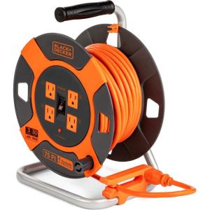 imageBLACKDECKER 50 Ft Retractable Extension Cord Reel With 4 Outlets MultiPlug Extension Easy Handle Rewind ampamp HeavyDuty 14AWG SJTW Cable75Feet