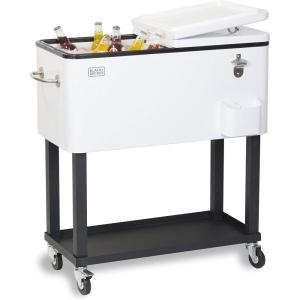 imageBLACKDECKER Mobile Cooler on Wheels 20 Gallon Insulated Rolling Cart with Stainless Steel Bottle Opener Bar Cart with Wheels and Beverage Cooler with Drain Ice Chest with Wheels White