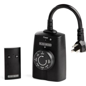 imageBLACKDECKER Wireless Outdoor Timer Outlet with Remote 2 Grounded Outlets Photocell Sensor