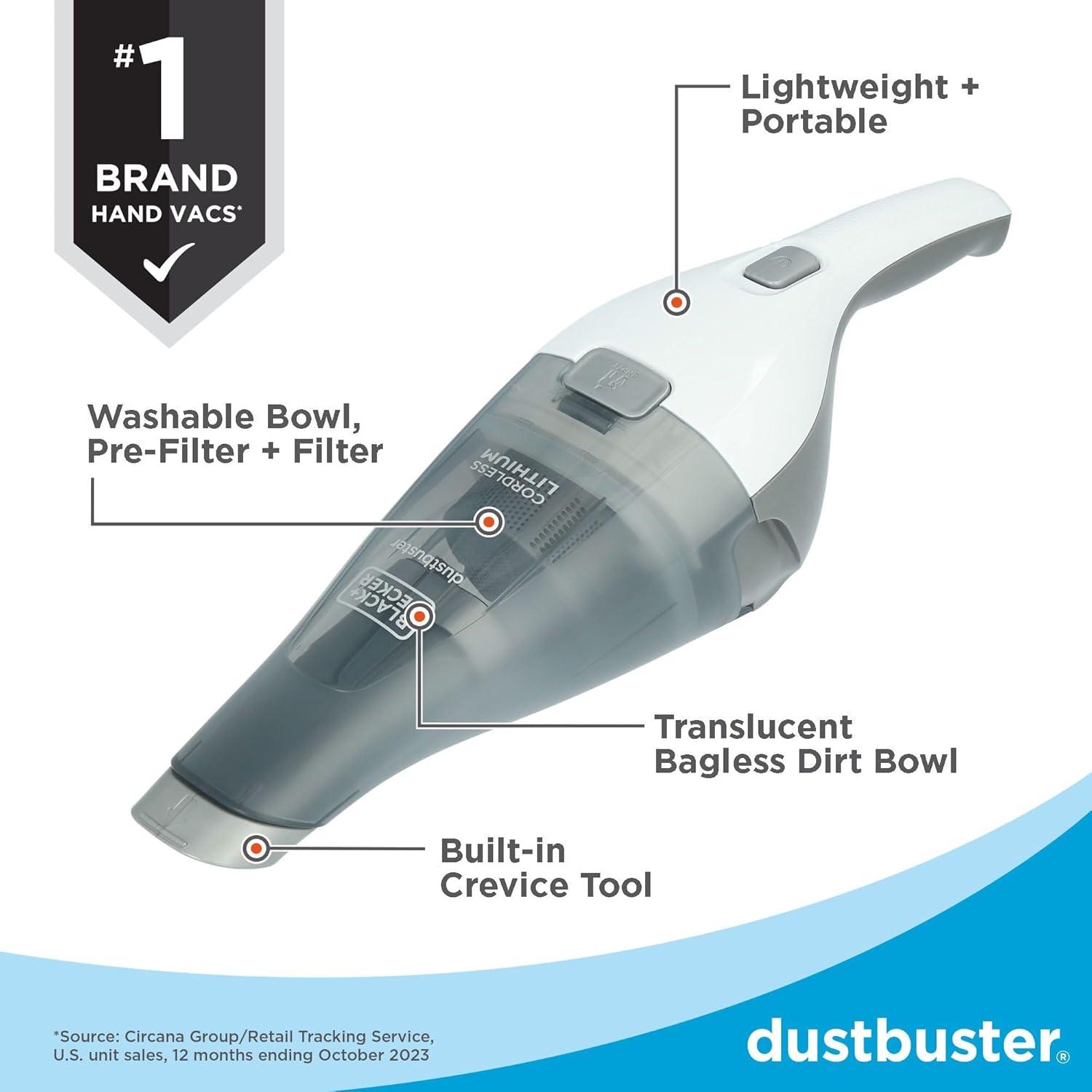 imageBLACKDECKER dustbuster Handheld Vacuum 8V Cordless Hand Vacuum for Quick Cleanup with Crevice Tool and Washable Filter HNVC220BCZ01White 8V
