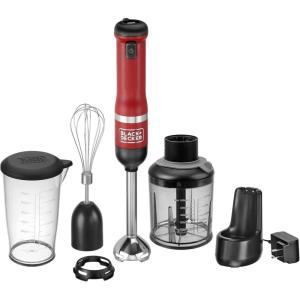 imageBLACKDECKER Kitchen Wand Cordless Immersion Blender 3 in 1 Multi Tool Set Hand Blender with Charging Dock Whisk and Chopper Red BCKM1013K06Red