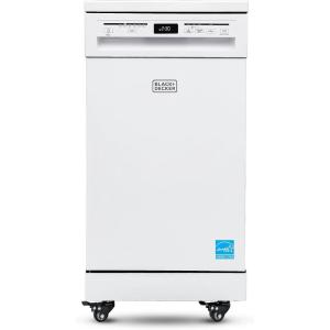 imageBLACKDECKER 18 Portable Dishwasher Compact Dish Washer with 8Place Setting Capacity Stainless Steel Tub 6 Wash Programs Worktop Space Mobile Dishwasher with Casters Faucet Connect White